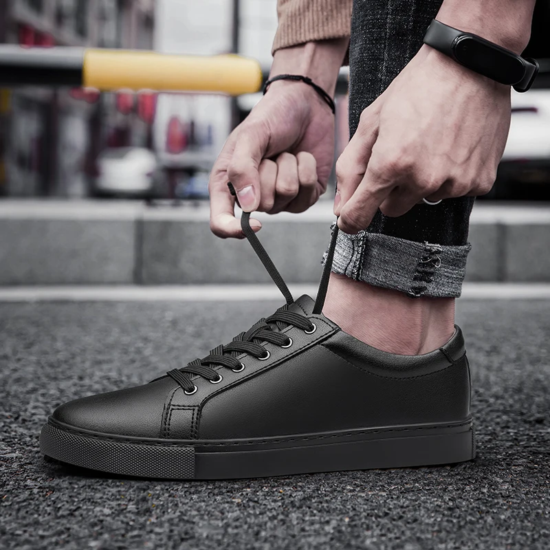 Handmade Black Leather Casual Sneakers - Mens Autumn Flats