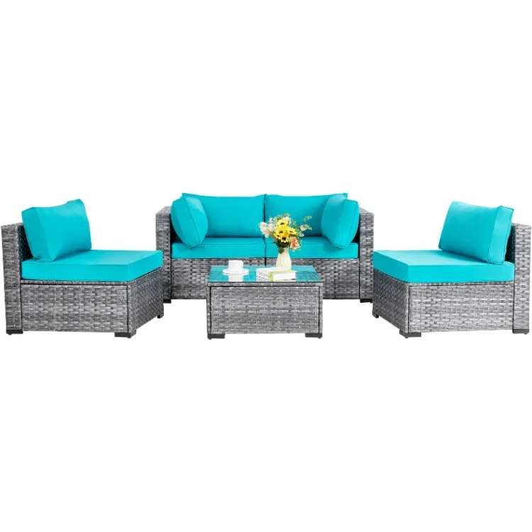 

Shintenchi 5 Pieces Outdoor Patio Sectional Sofa Couch, Silver Gray PE Wicker Furniture Conversation Sets with Washable Cushions