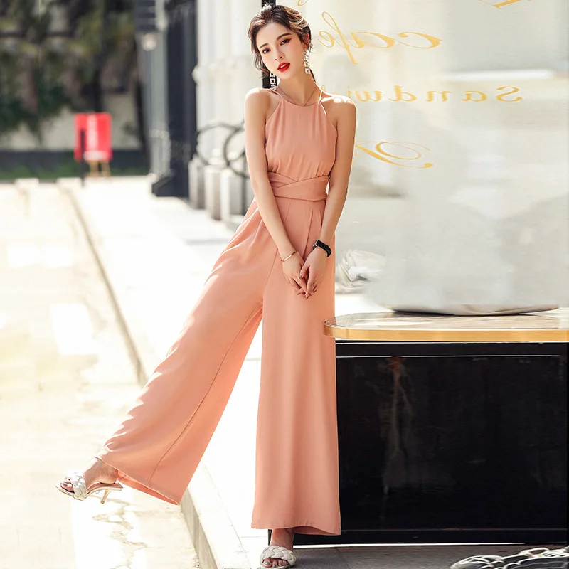 2023 New Fashion Summer Womens Jumpsuits Casual Wide Leg Rompers Sleeveless Halter Bow Sash Sexy Jumpsuit Party Outweaer Clothes