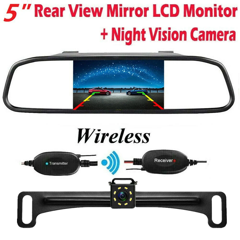 Wireless 5 inch Rear View Mirror Monitor + Car Backup Camera Kit Night Vison Camera for Car, Pickup, SUVs, Vans