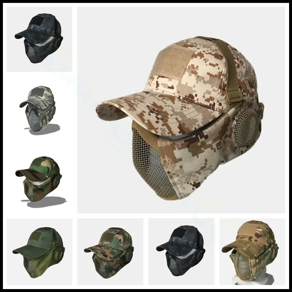 Tactical Airsoft Military Mask Half Face Strike Metal Mesh Protective Skull Mask & Cap Ear protection Hunting Accessories tactical hat