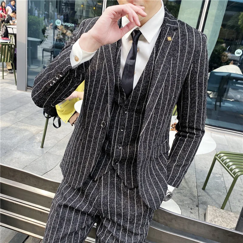 Men's Suit Fashion Khaki Stripes Business Office Formal Male Jacket Set Elegant Wedding Banquet 3 Piece ( Blazer + Pants +Vest )
