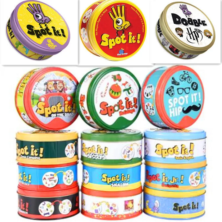 

33 Styles Double juego Card Dobble Card Game Table Board Game for Dobbles Kids HP Metal Box Card Matching Toys for Childrens