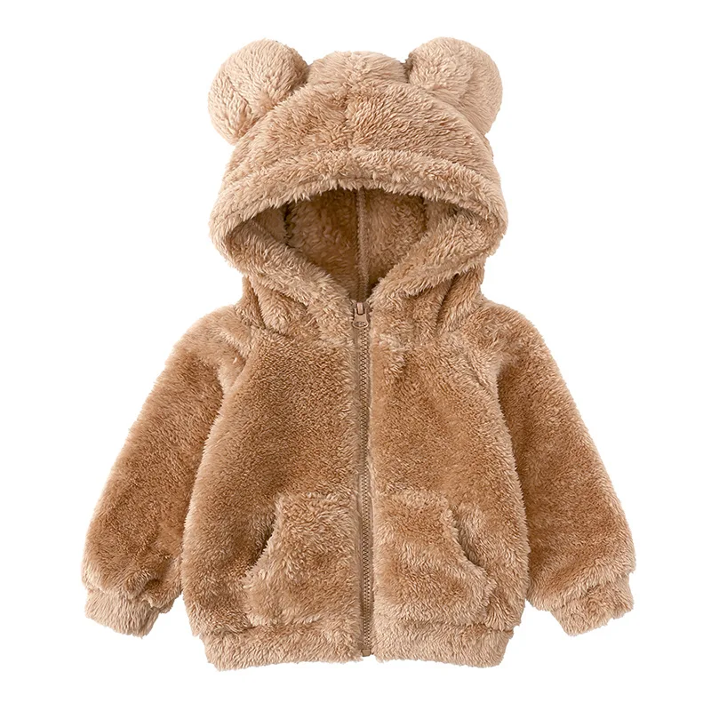 Cute Children's Winter Coat Baby Hooded Plush Jacket Boys Girls Thickened Warm Snow Wears Cartoon Bear Ear Long Sleeve Coats