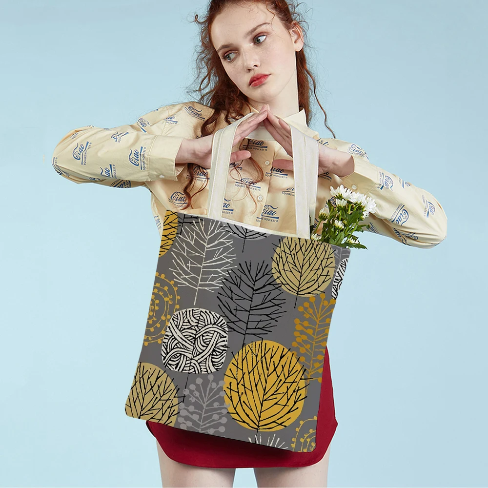 

Casual Geometric Art Handbag for Women Plant Tree Flower Canvas Student Travel Tote Lady Shopping Bag Both Sided Reusable