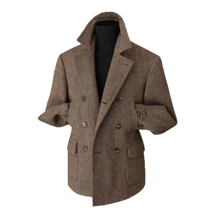 Wangyue Men's Tweed Blazer - Vintage Herringbone Sport Coat With Two Button Design