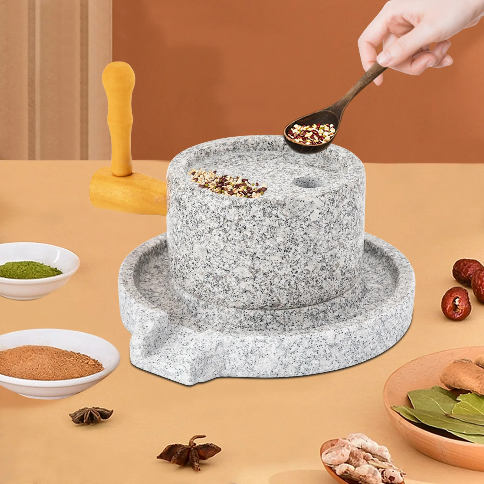 Traditional Granite Millstone Grinder Hand Crank with 304 Stainless Steel Core for Dry Wet Grinding Wheat Soybean Spices