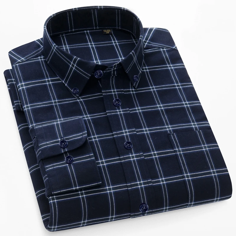 100% Cotton Men's Shirt Long Sleeve Cotton Oxford Plaid Fashion Casual Pocket Regular Fit Striped Business Shirt