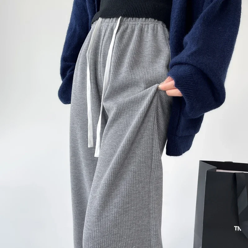 

High Waist Loose Casual Women's Pants Lace-up Solid Color Simple Female Streetwear Chic Wide Leg Pants Grey Apricot Black