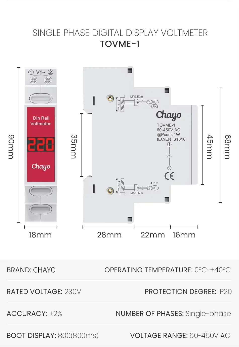 Compact Din Rail Voltage Meter with LED Digital Display (AC 60-450V)