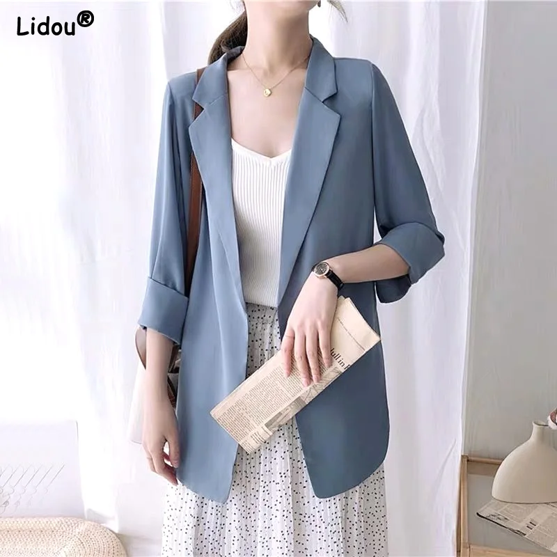 Notched Dignified Solid Color Intellectual Loose Spring Summer Office Lady Fashion Formal Casual Temperament Women's Clothing