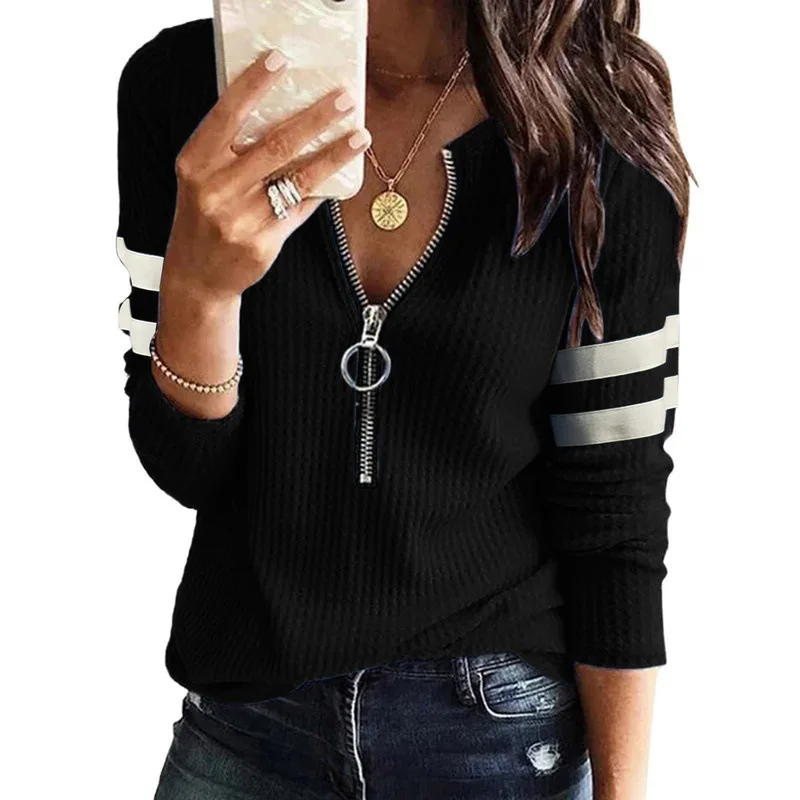 

Autumn Stripe Zipper Retro Pullover Top Long Sleeve Fashion Loose Casual Women Winter Warm Shirts Streetwear Oversized T-shirt