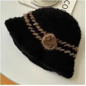 Frauen Echt Nerz Pelz Hut Herbst Winter Mode Lässig Gestreifte Gestrickte Warme Kappe für Weibliche Eimer Hut – Detail 8