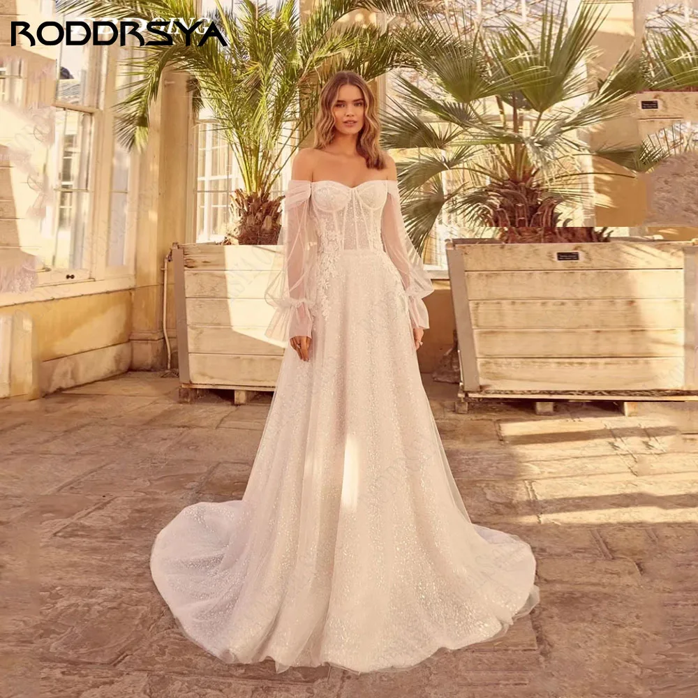 

RODDRSYA Sweetheart Puff Sleeves Wedding Dresses Glitter Applique Tulle Bridal Gowns A-Line Lace Custom Made Vestidos De Novia
