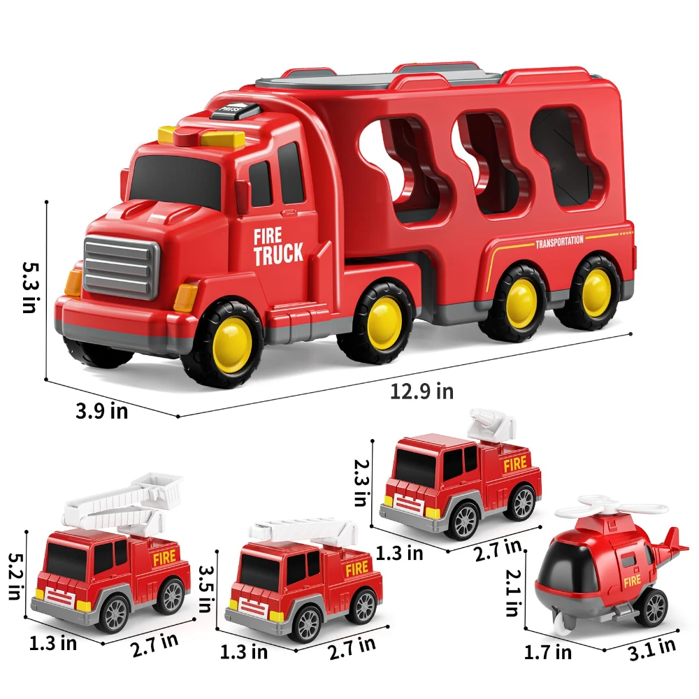 WizKidz Fire Toys for Kids 5 in 1 Carrier Truck Transport Friction Power Vehicles for Boys and Girls Ages 3 to 9 Birthday Gifts 6