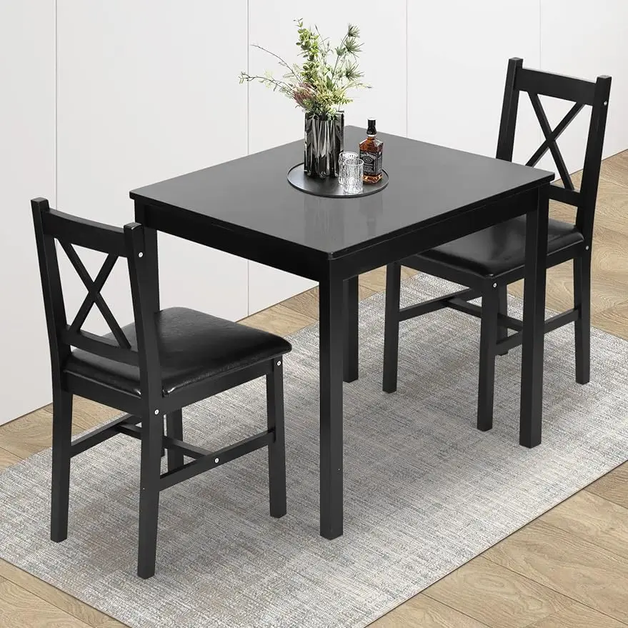 

Регулируемый обеденный стол из 3 предметов, прочный деревянный квадратный стол и стулья для 2 человек, обеденный стол