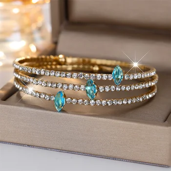 Aqua Blue Crystal Marquise Stone Trendy Rhinestone Bangle Bracelets For Women Vintage Gold Color Bridal Bracelet Wedding Jewelry