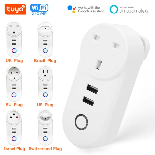 16A Tuya WiFi Smart Socket With 2 USB Charging Ports Outlet Adapter Smart Plug Works with Alexa Google Home EU US Brazil Chile