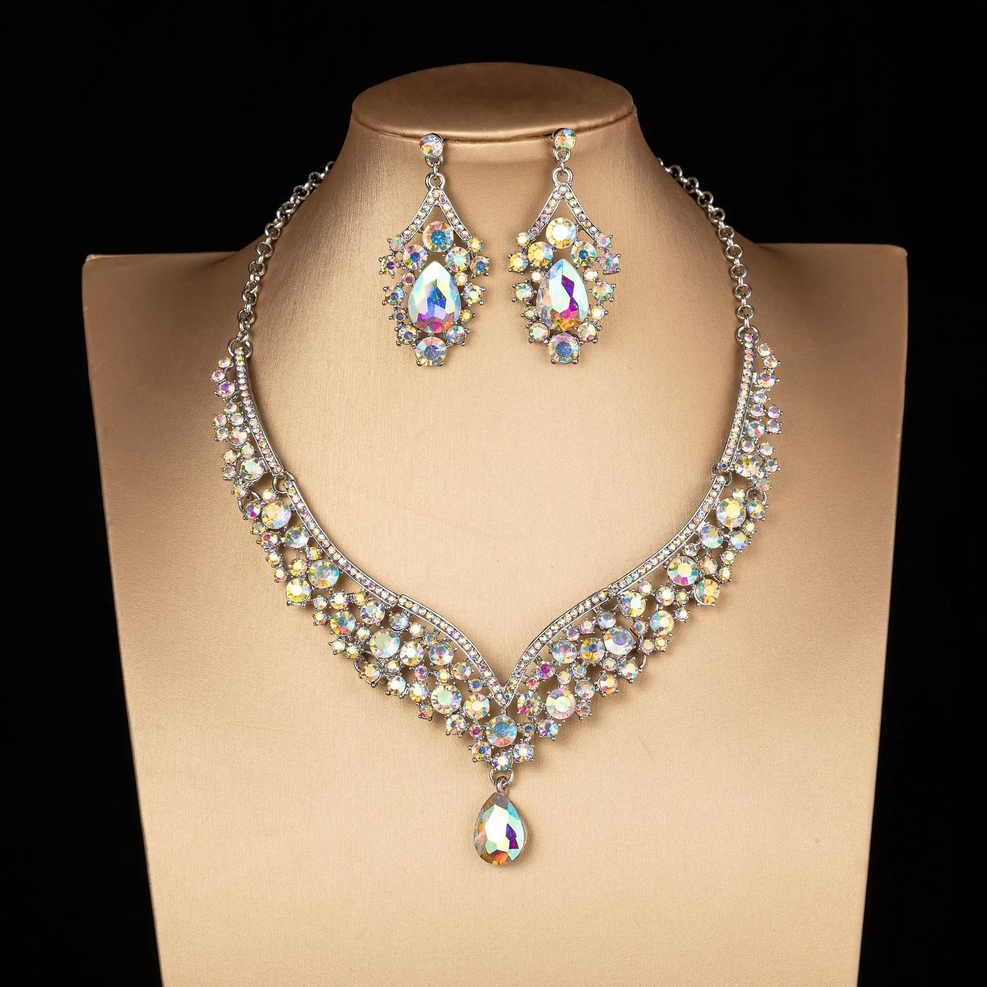 Luxury Crystal AB Color Choker Necklace Earrings Set Rhinestone Bridal Jewelry Sets For Bride Wedding Party Costume Bijoux Femme bridal jewelry sets