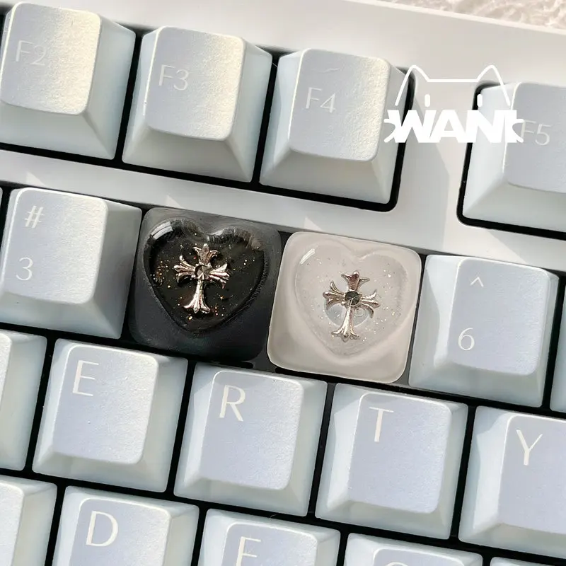 WANI Artisan Keycap 반투명 하트 모양의 실버 크로스 글리터 에폭시 수지(자기 축 기계식 키보드용)