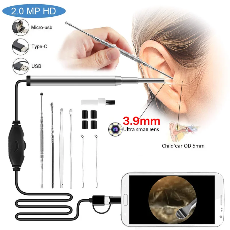 

3 in 1 Ear Scoop Visual Otoscope Ear Canal Endoscope Ear Digging Ear Digging Otolaryngology Inspection Lens Household 3.9mm