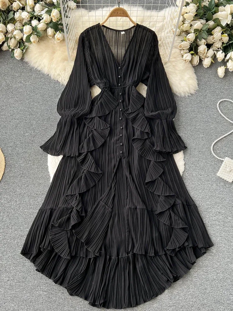 Maxi Abito Lungo Donna Con Scollo A V | Balze E Maniche A Sbuffo | Nero Taglia XL | Con Tasche | Per Spiaggia E Casual - 4