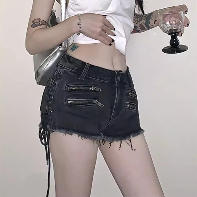 Mini Jeans Women's Zipper Strap Design Tight Fitting Shorts American Street Young Girl Low Rise Ruffled Hot Pants Summer Female