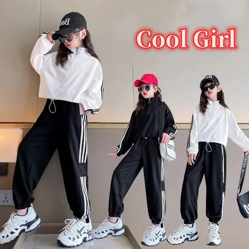 

Girls Striped Half Zip Drawstring Cropped Sweatshirt Jackets+Sweatpant School Kids 2PCS Tracksuit Children Jogger Outfit 5-16Yrs