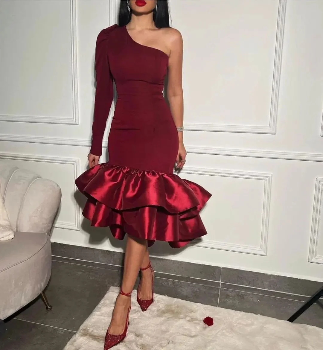 

Burgundy Saudi Arabic Mermaid Short Evening Dresses Long Sleeves One Shoulder Dubai Women Formal Party Prom Gowns Robe De Soirée