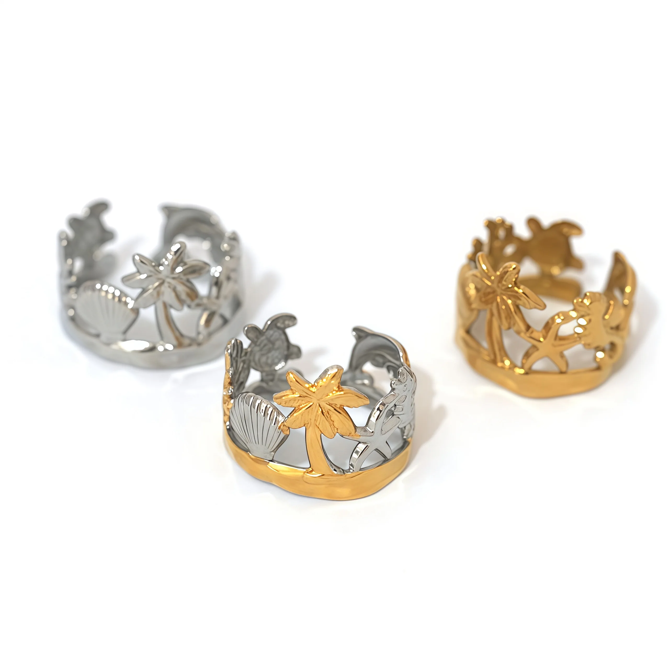 Modischer Seestern-Muschel-Design-Edelstahlring, 18 Karat vergoldet, wasserdicht, hochwertiger Damenschmuck für Urlaub am Meer usw – Detail 9