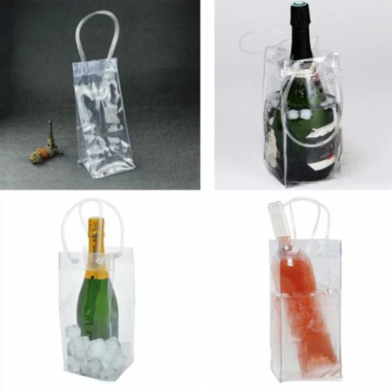 Transparent Ice Bag Wine Beer Champagne Bucket Drink Bottles Cooler Chiller Foldable Carrier Clear PVC Ice Wine Bags
