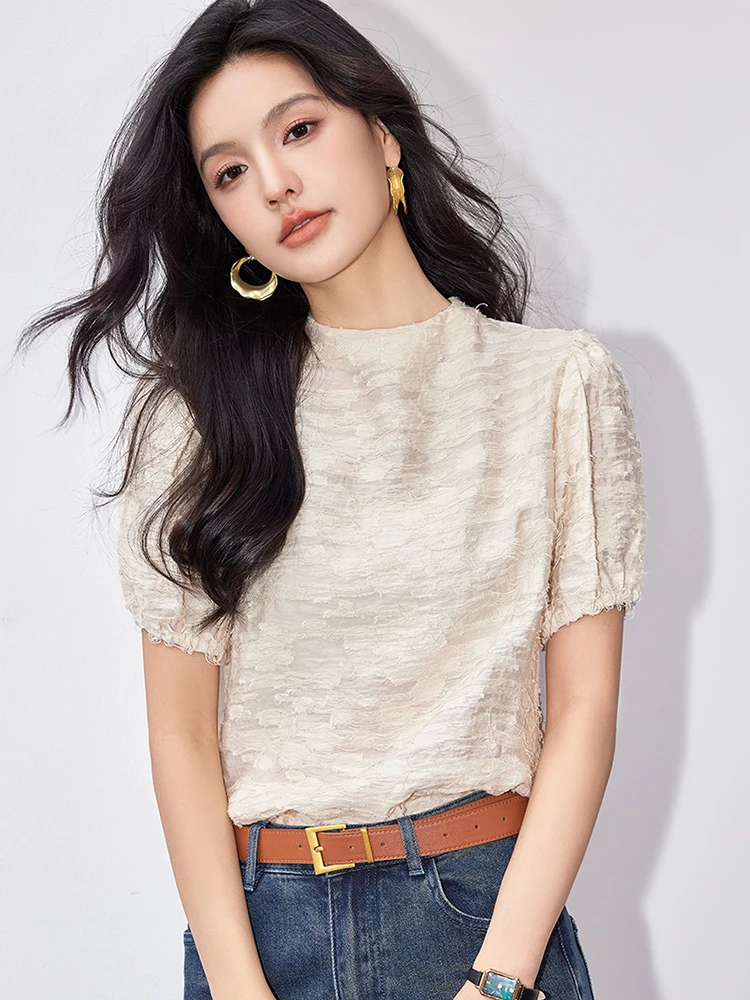 

Women French Shirt Summer 2024 Fashion Casual Harajuku Style Elegant Puff Sleeve Tops Vintage Round Neck Top
