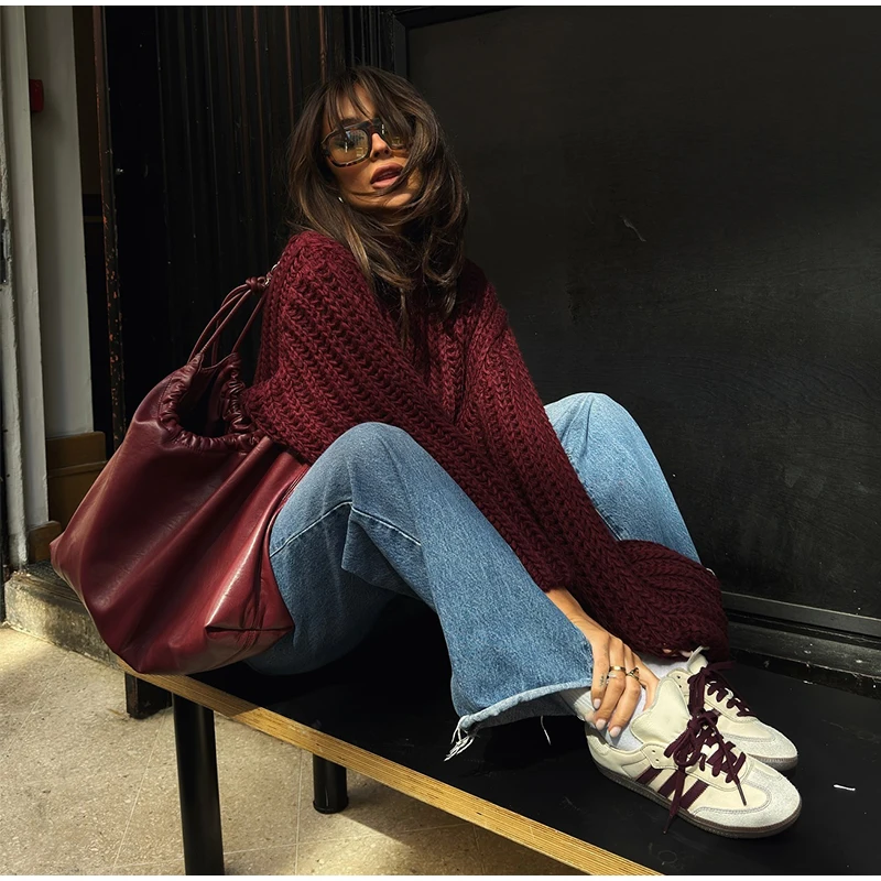 Casual Knitted Solid Mid Long Sweaters Women Loose O-neck Long Sleeve Dark Red Pullover Sweaters Female Autumn Chic Street Tops
