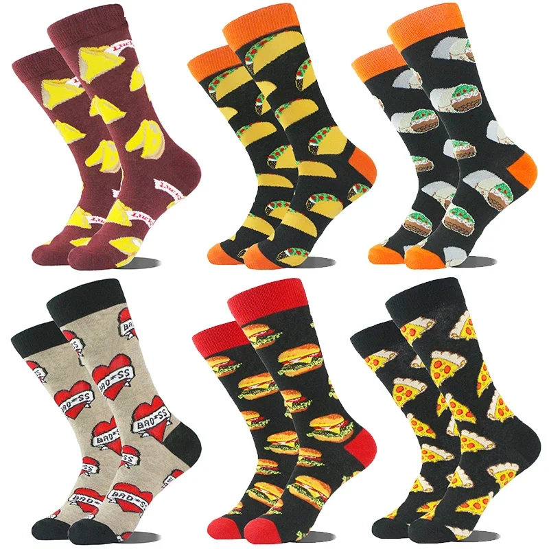 

2024 Cartoon Men Socks Gourmet Burger Fries Theme Cotton Novelty Funny Hip Hop Trend Street Long Socks Happy Funny Socks