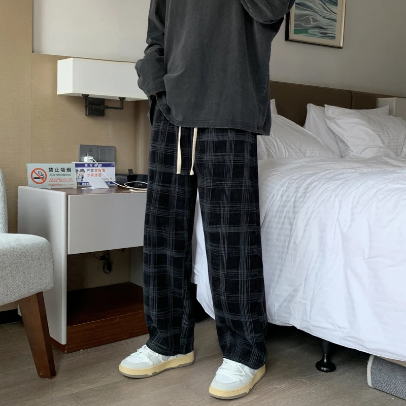 Wide Leg Pants Men Casual High Street Ins Fashion Plaid Korean Style Elastic Waist