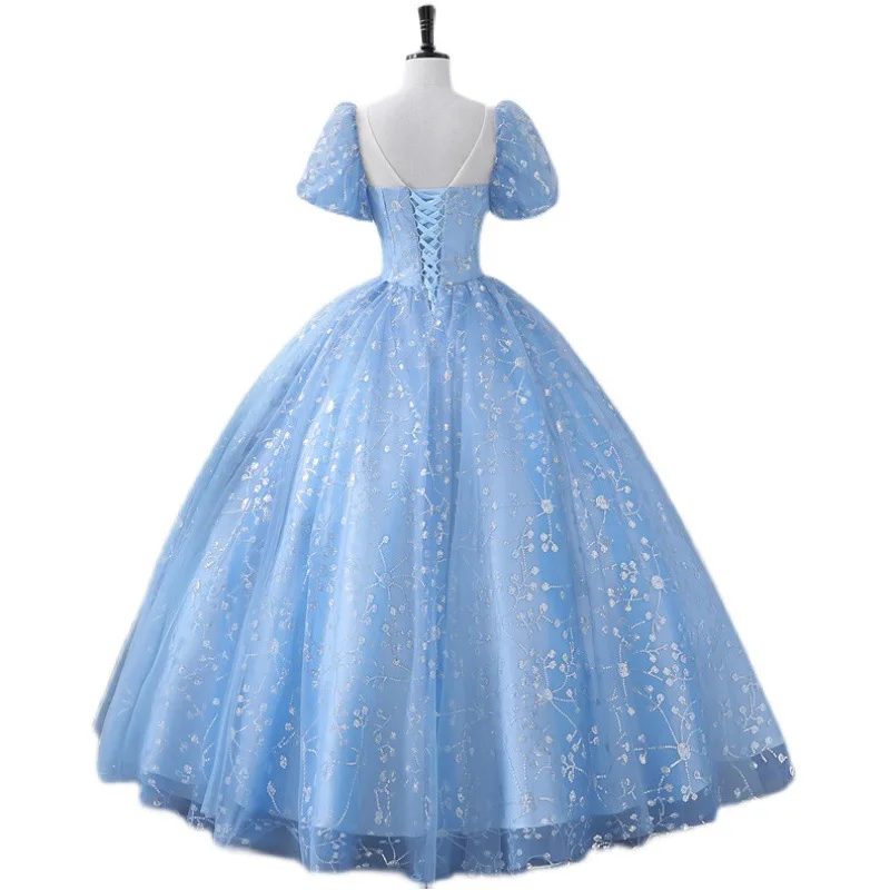 Classic Blue Vestido De Debutante New Sequin Tulle Ball Gown Sweet Scoop-neck Floor-length Elegant Quinceanera Dresses