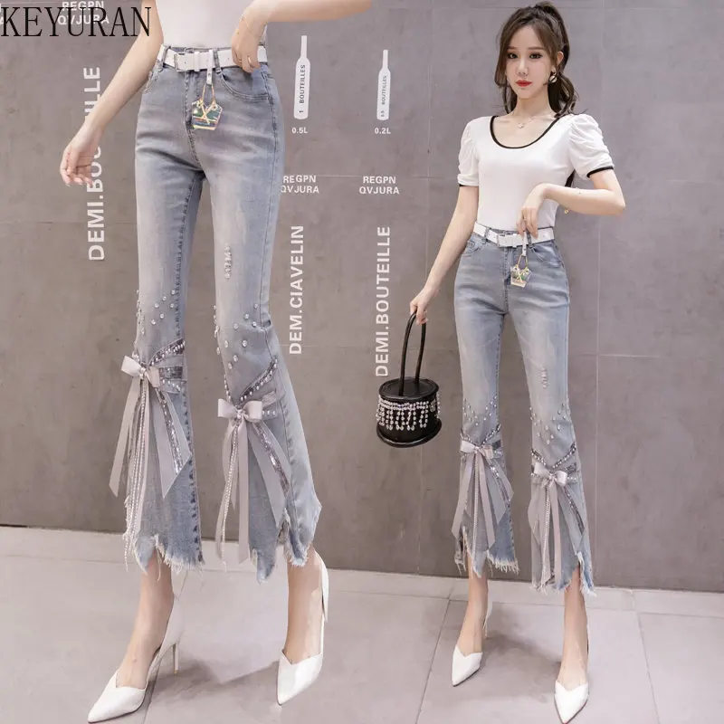 High Waist Jeans Women Ripped Cropped Jeans Women\'s 2023 Spring Summer New Irregular Beaded Bow Flared Denim Pants Ladies Jeans