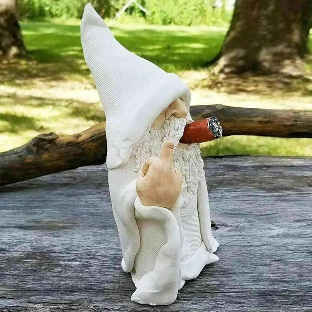 Smoking White White Beard Old Man With Middle Finger Garden Gnomes Statues 2