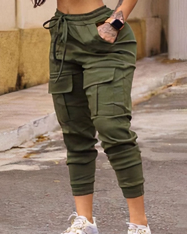 

Fashion Women's Pants 2023 Autumn Clothing Pocket Design Drawstring Casual Cuffed Cargo Pants Ladies Basics Long Trousers