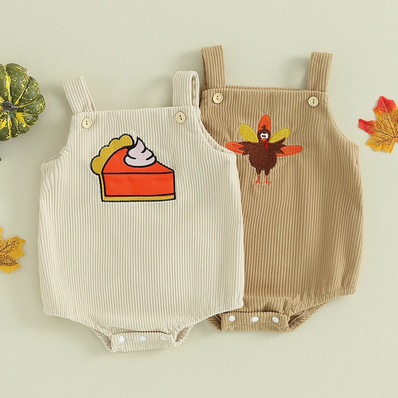 Baby Boys Girls Casual Romper Thanksgiving Outfits Infant Turkey/Cake Print Sleeveless Button Jumpsuits Corduroy Clothes
