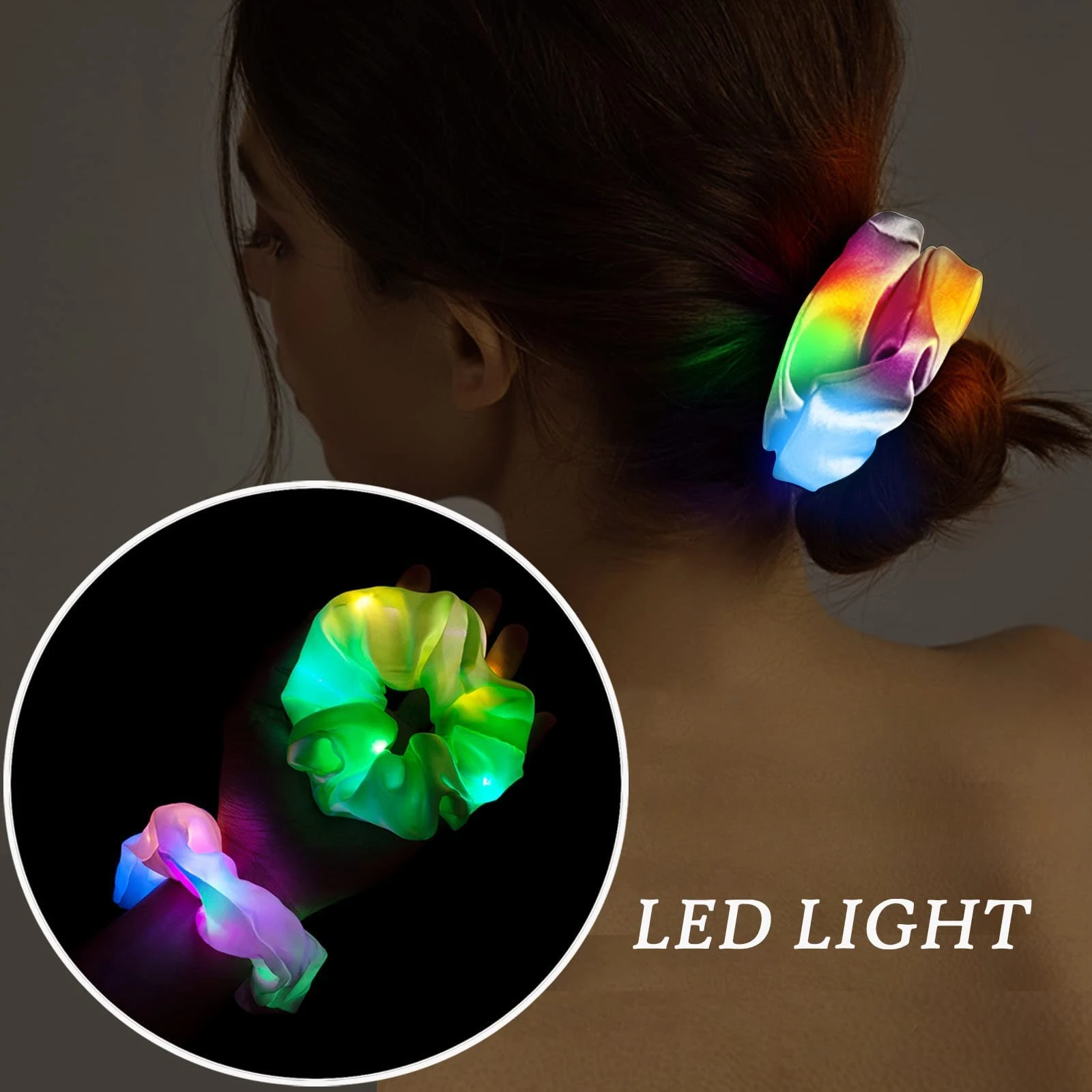 Luminous Hair Bands Birthday Party Decorations 9 Pcs LED Light Hair Scrunchies Satin Elastic Bands Ties Ropes Girls Halloween Christmas Glow In The Dark