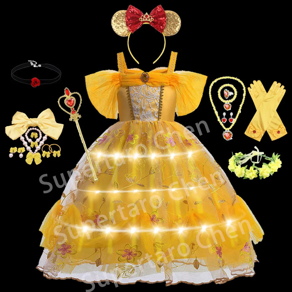 

Girls Belle Cosplay Princess Dress with LED Lights Beauty and the Beast Kids Party Clothing Crown Gloves Children Fancy Costume