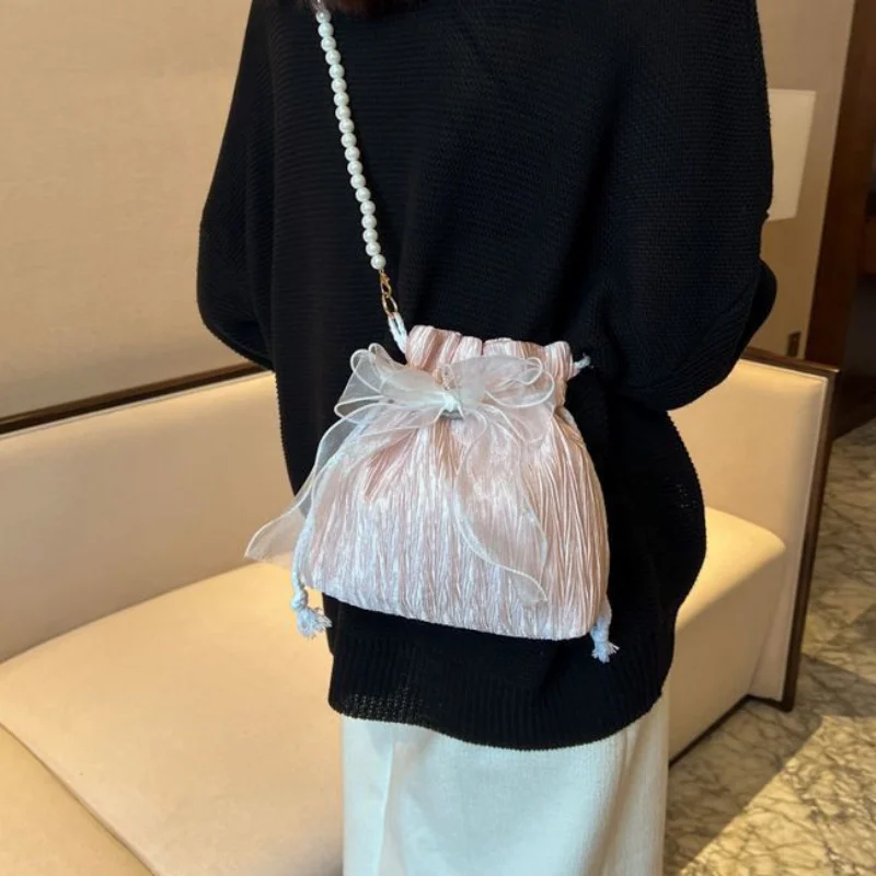 Chic Bowknot Canvas Crossbody Bag with Faux Pearl Chain - Versatile & Stylish Bucket Shoulder Purse for Women