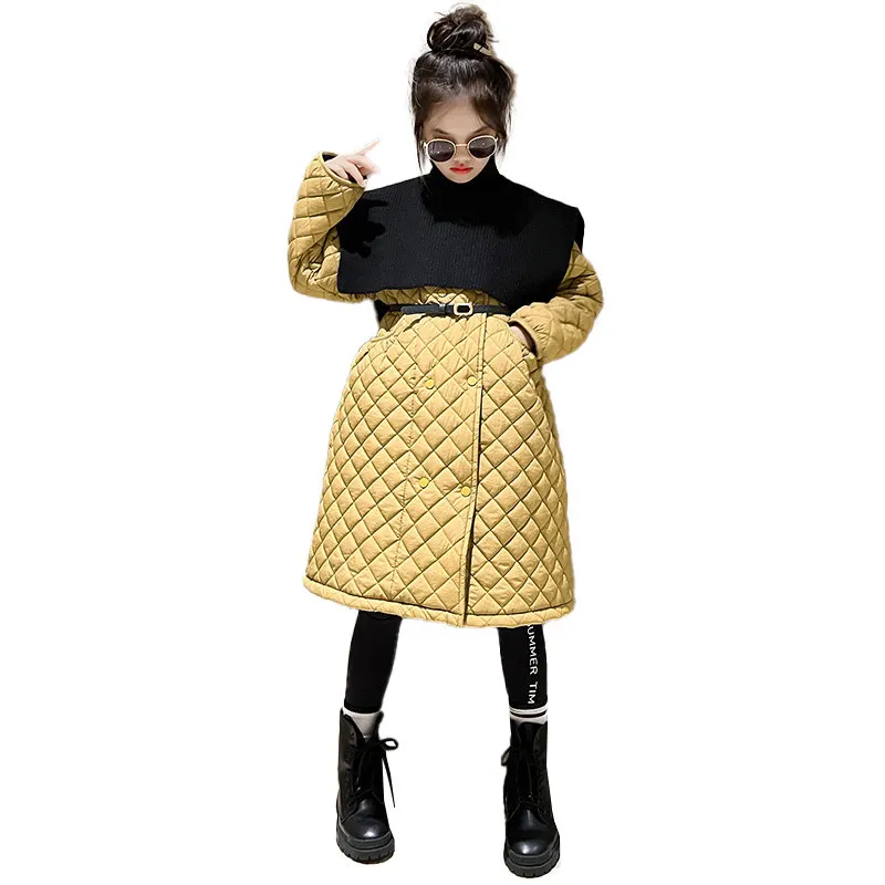Inverno Teen Girls Soprabito Imbottito In Cotone Lungo Plaid Parka Cappotti Doppiopetto Collo Alto Maglieria Tippet Capispalla Moda