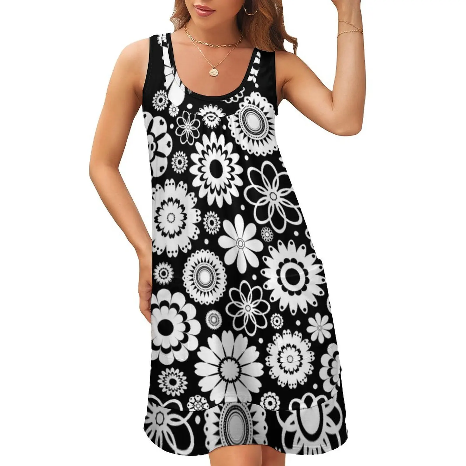 

Mid Century Modern White Flower Silhouettes Sleeveless U-Neck Fake Two Piece Dress elegant dresses plus sizes