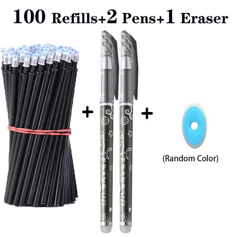 100 Refills +2 Erasable Pen Rods Eraser Set 0.5mm Magic Erasable Gel Pen Animal Pen School