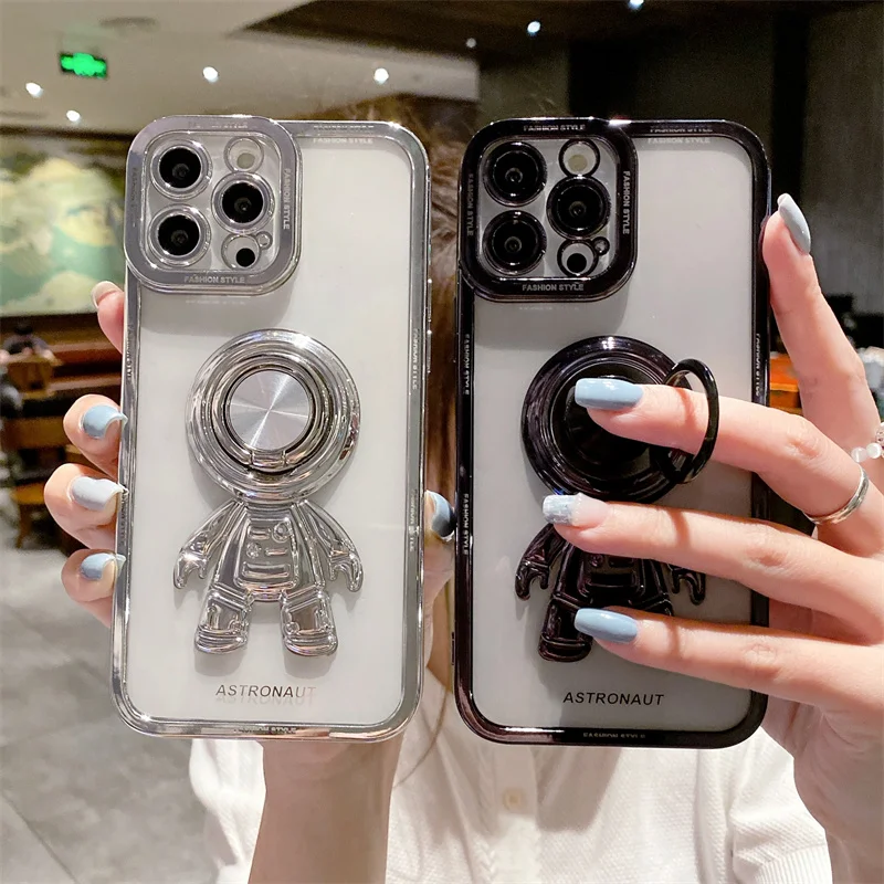 

Astronaut Stand Case For iPhone 15 14 13 12 11 Pro Max XS 7 Plus Soft Shockproof Back Cover electroplating Glossy Case With Ring