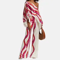Women's Printed Satin 2-piece Set, Off Shoulder Lantern Sleeve Top, Wide Leg Pants, Elegant Office Shirt - Image 5