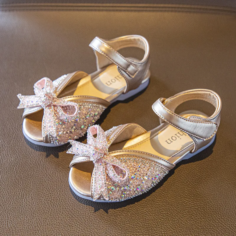 

Girls Shoes Western Style Crystal bowknot Children's Fish Mouth Sandals 2023 Summer New Soft Bottom Kids Princess Party Shoes