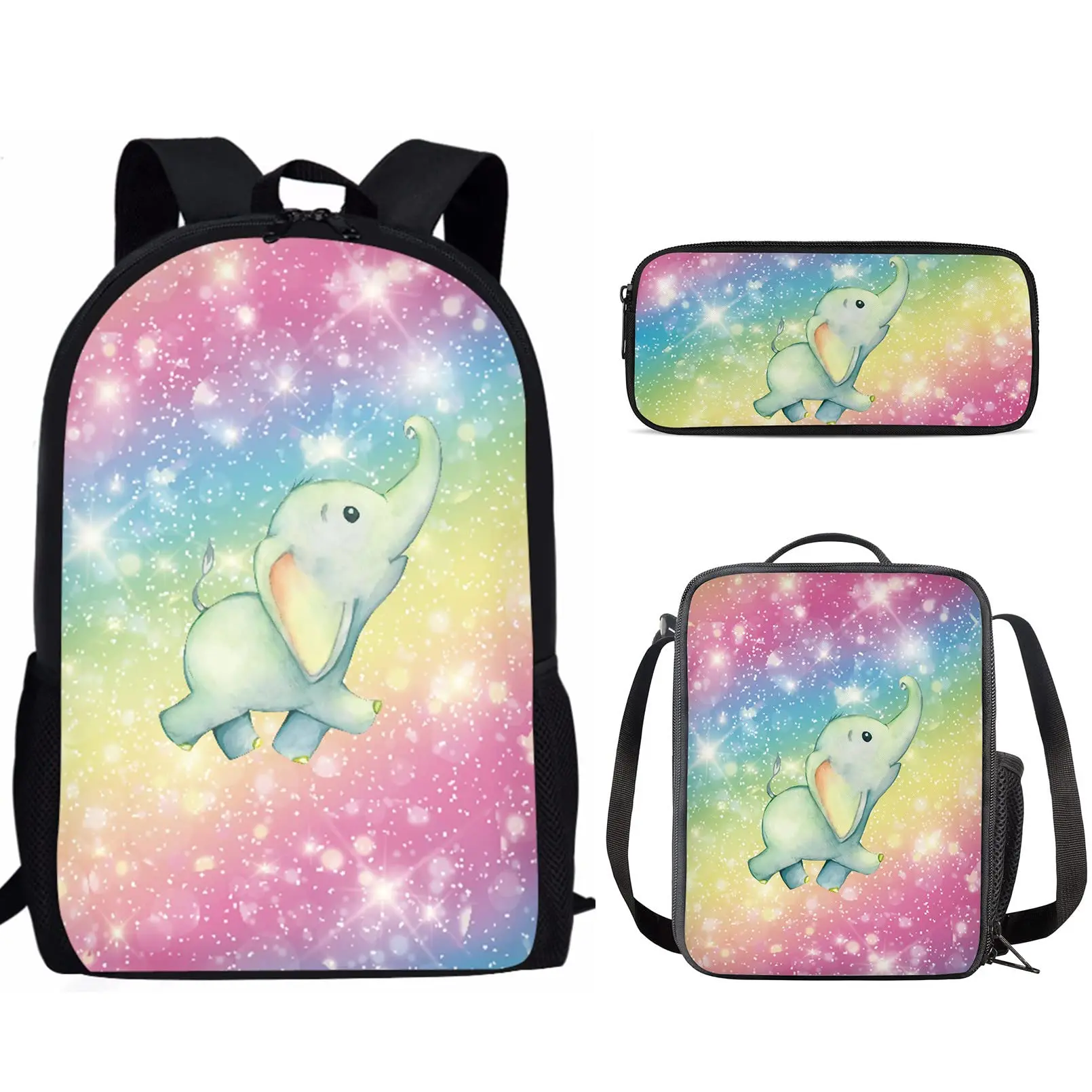 Funny Elephant Floral Graphic Print 3 Piece Set School Bag Teenager Boys Girls Student Book Bag with Lunch Bag and Pencil Bag